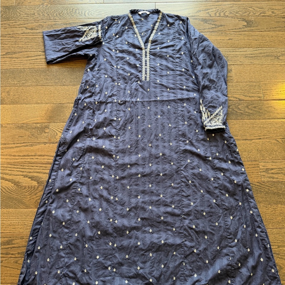 Embroidered Navy Blue Long Dress Pakistani one piece women kurta , M size